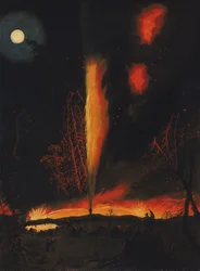 Pozzo di Petrolio in Fiamme di Notte, vicino a Rouseville, Pennsylvania